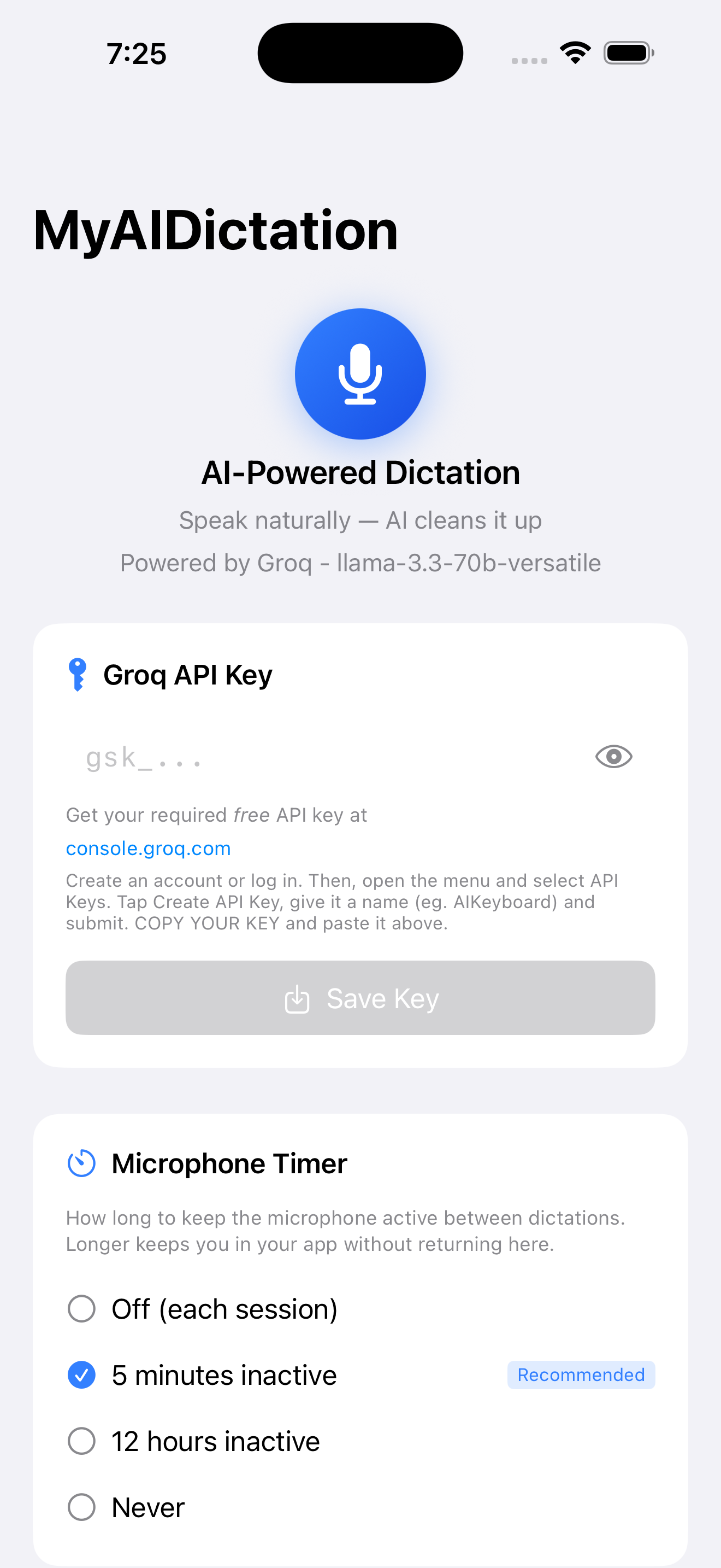 MyAIDictation app setup screen
